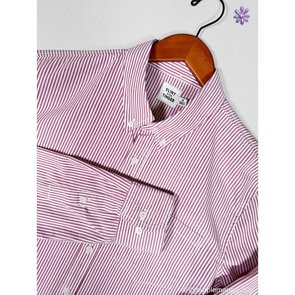 FLINT AND TINDER Shirt Mens M Red White Oxford Striped Button Down Made in USA